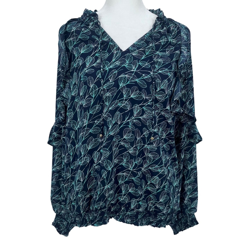 H by Halston Women's‎ Blouse Medium Navy Blue Leaf Ruffle Business Office